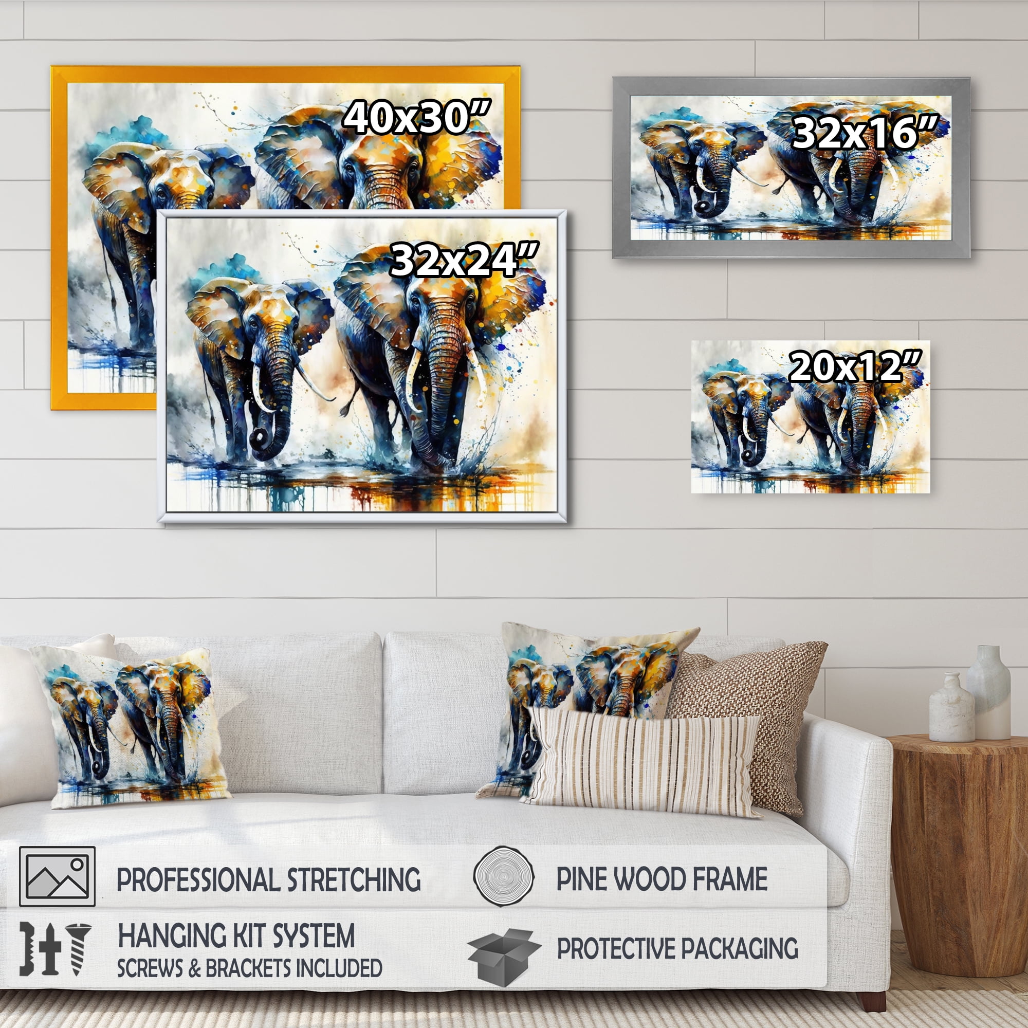Designart Elephants Running II Canvas Wall Art