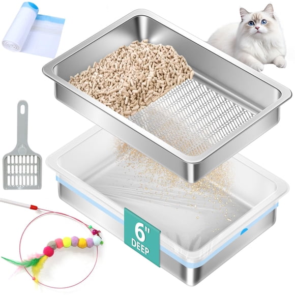 Amibud Stainless Steel Sifting Litter Box for Wood Pine Pellets,50cm Lx 35cm W x 15cm H Extra Large XL Metal Pellet Sifter Litter Pan System for Easy