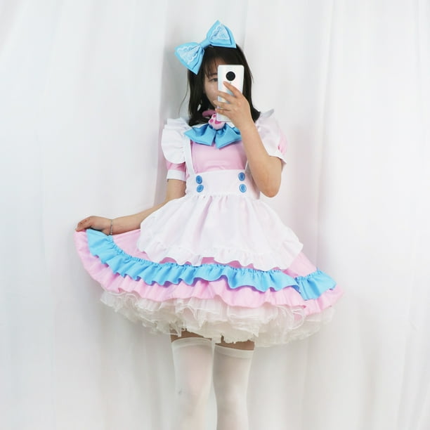 Vestido de Lolita rosa y azul con lazo grande súper lindo para mujer de talla grande Vestido lindo de Lolita de Gran Hermano