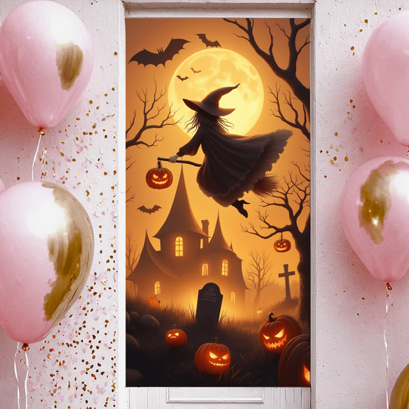 Witch Flying Banner Halloween Theme Haunted House Background for Party Decoration Night Celebration Spooky Event