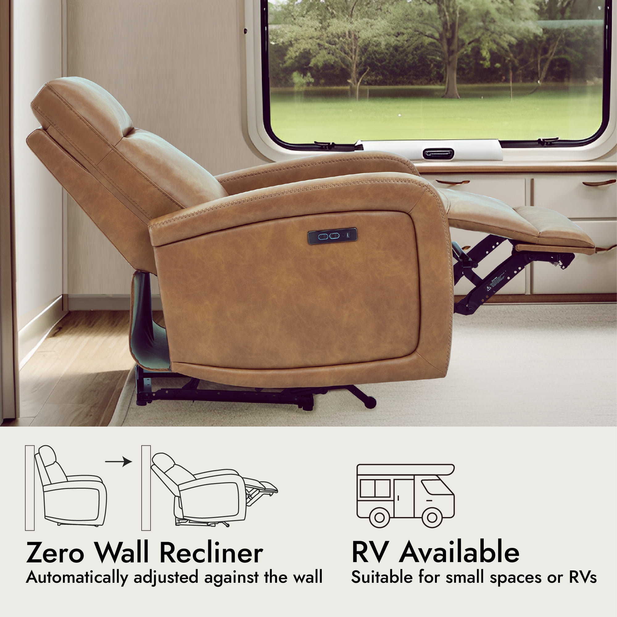 Spruce & Spring Zero Wall Hugger Power Recliner for Compact Spaces, Cognac-Faux Leather