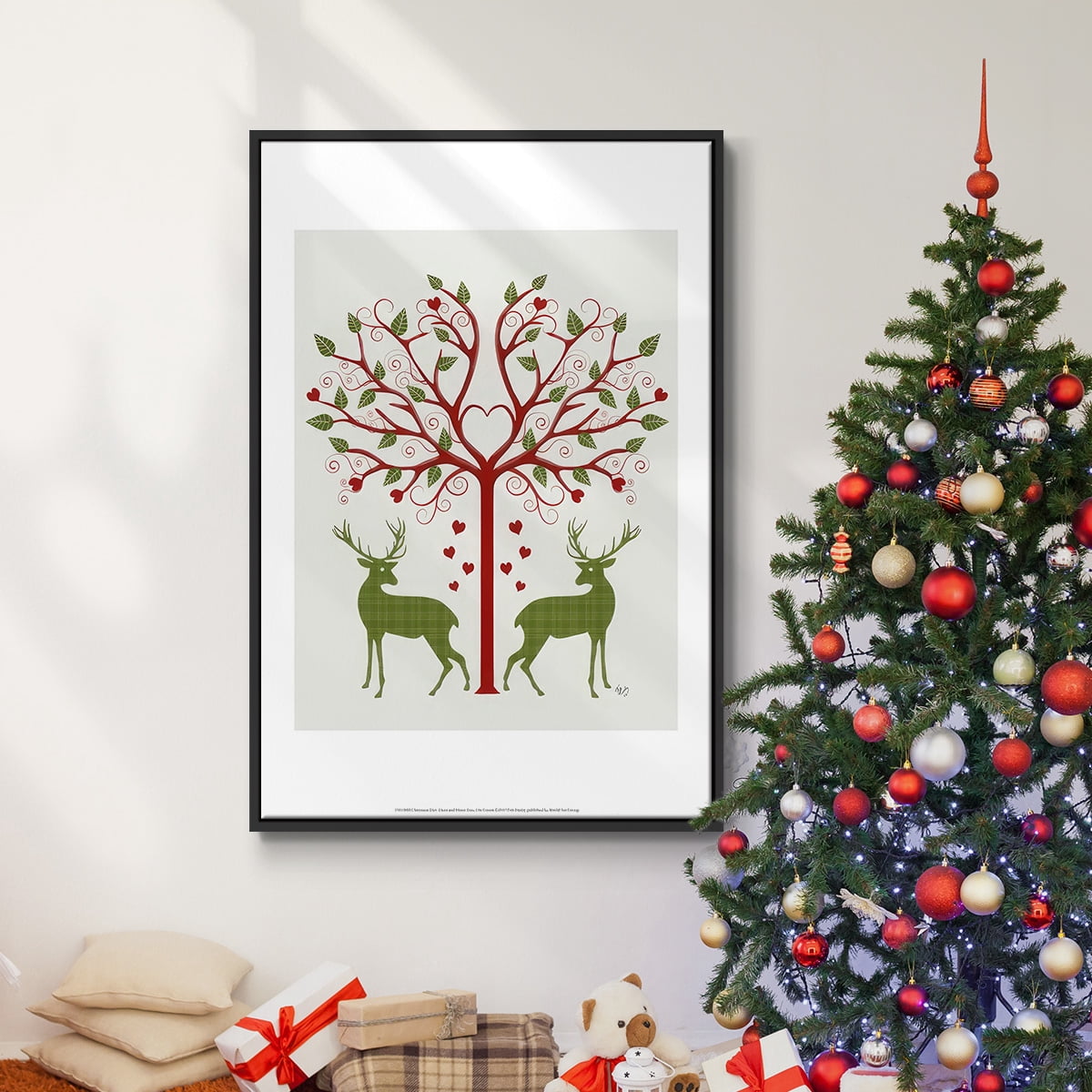 Christmas Des - Deer and Heart Tree, On Cream - Framed Gallery Wrapped Holiday Canvas - 27 x 41 - Black Frame
