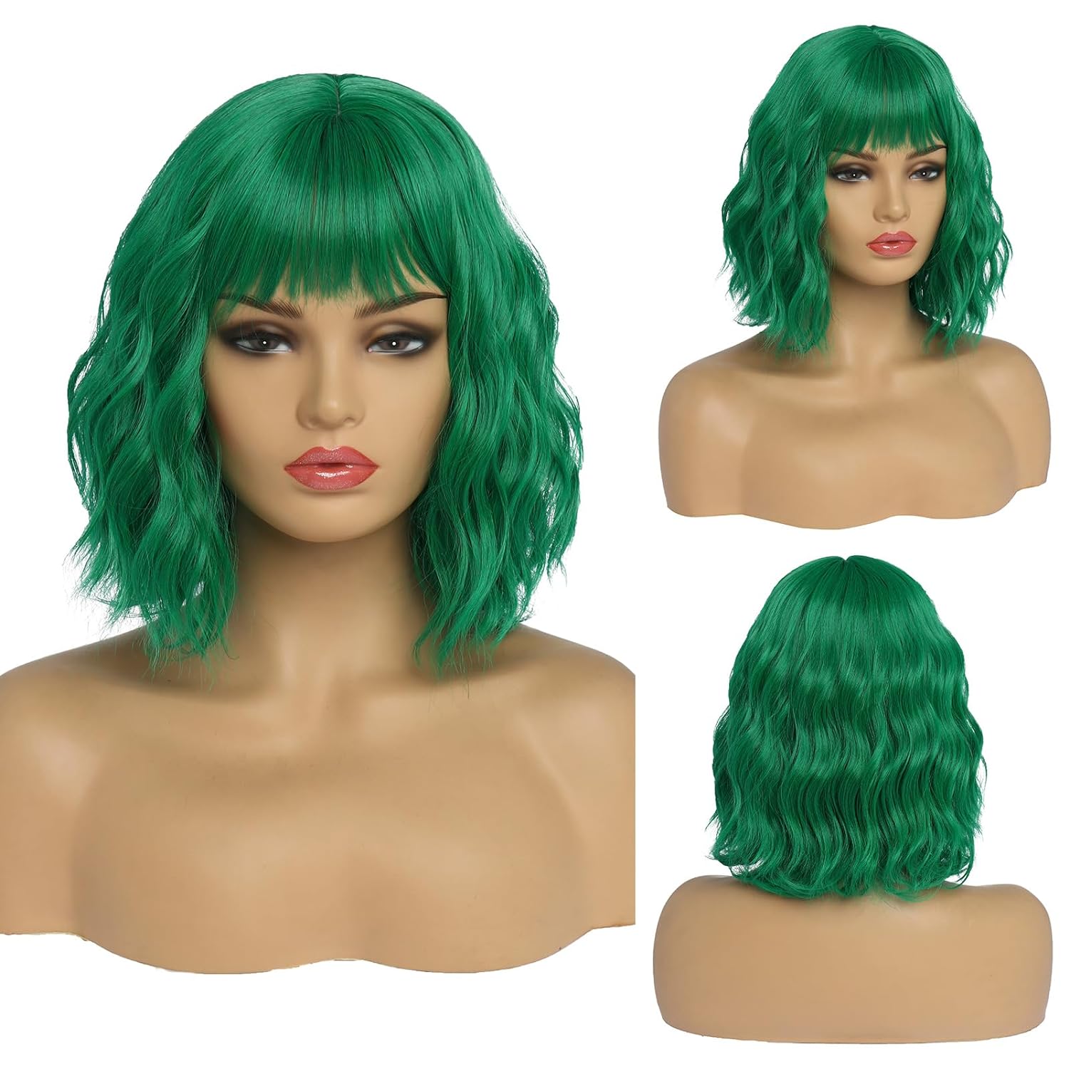 DOPI Short White Silver Wigs for Women Ombre Grey Wavy Bob Wig with Bangs Medium Length Synthetic Hair Water Wave Dark Roots Wig Gray Colorful Wigs（12 Inches）
