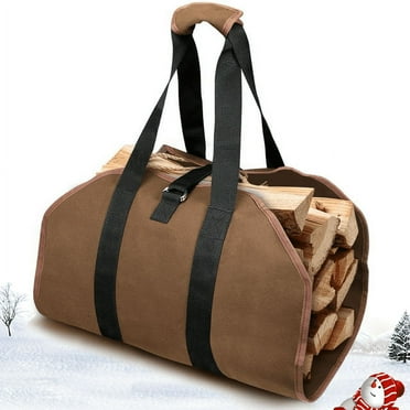 DOTSOG Firewood Carrier Bag, Heavy Duty Canvas Bag, Large Log waxed carrier Tote Bags, Campfire Wood Bucket Outdoor Camping Canvas Bags Dark Brown