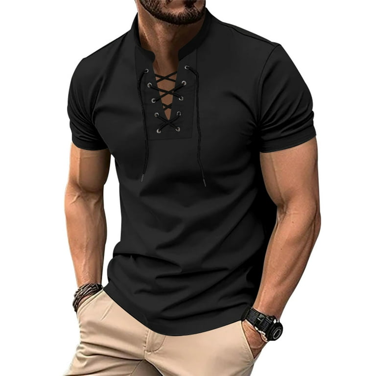 AHTJRT Men's Short Sleeve Lace Up Front T Shirt Trendy Unique St