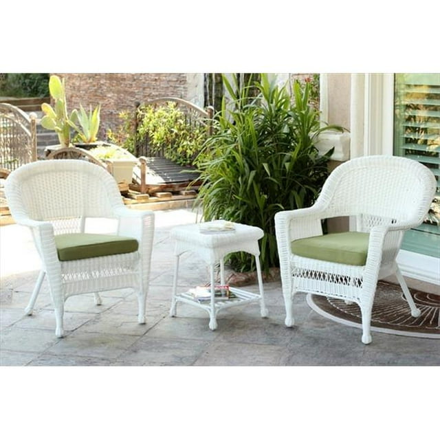 Jeco W00206_2-CES029 3 Piece White Wicker Chair And End Table Set With Green Chair Cushion