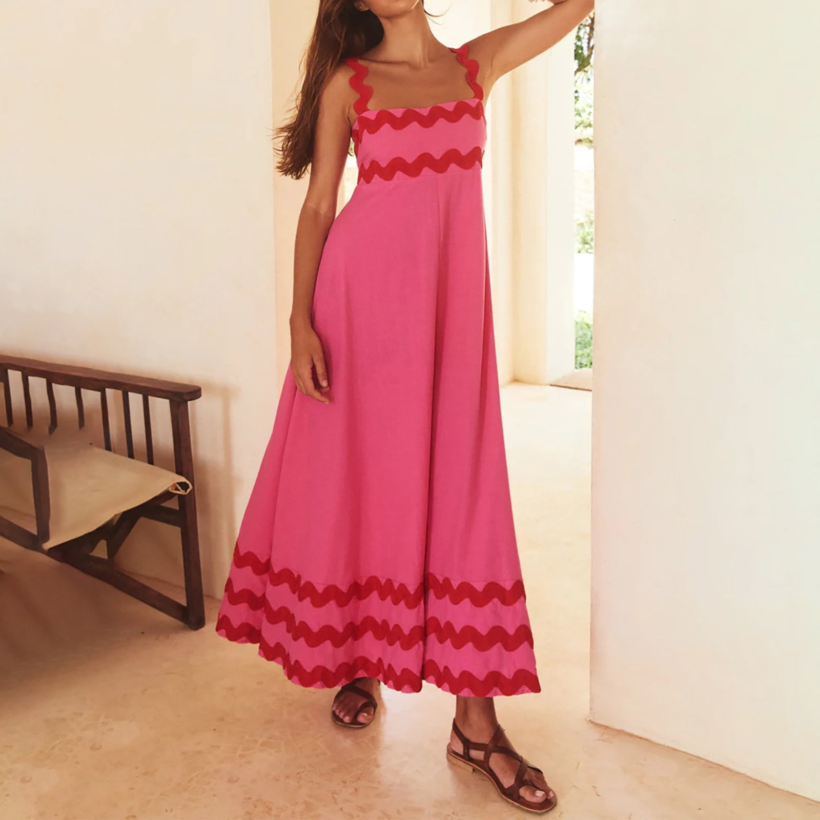 Fanxing Women Summer Dresses 2025 Spaghetti Straps Sleeveless Smocked Rickrack Trim Boho Flowy Loose A-Line Midi Dress Hot Pink,M Feamale