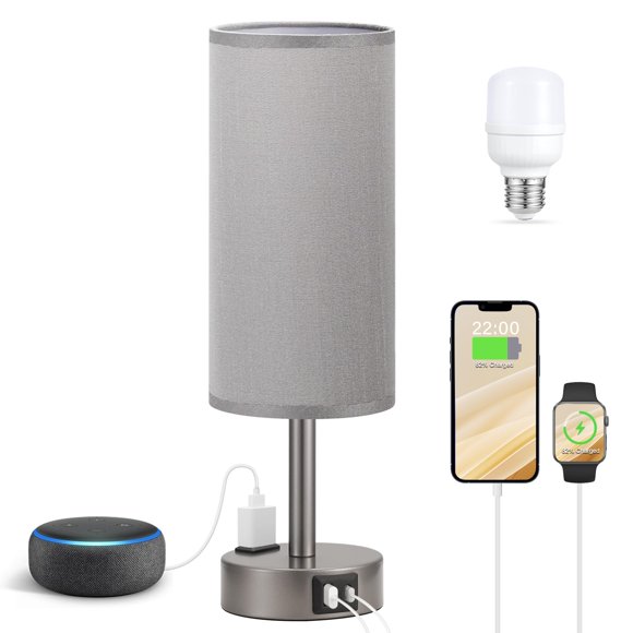 Lámpara de mesita de noche Fenmzee, gris, 3 vías, regulable al tacto, USB C