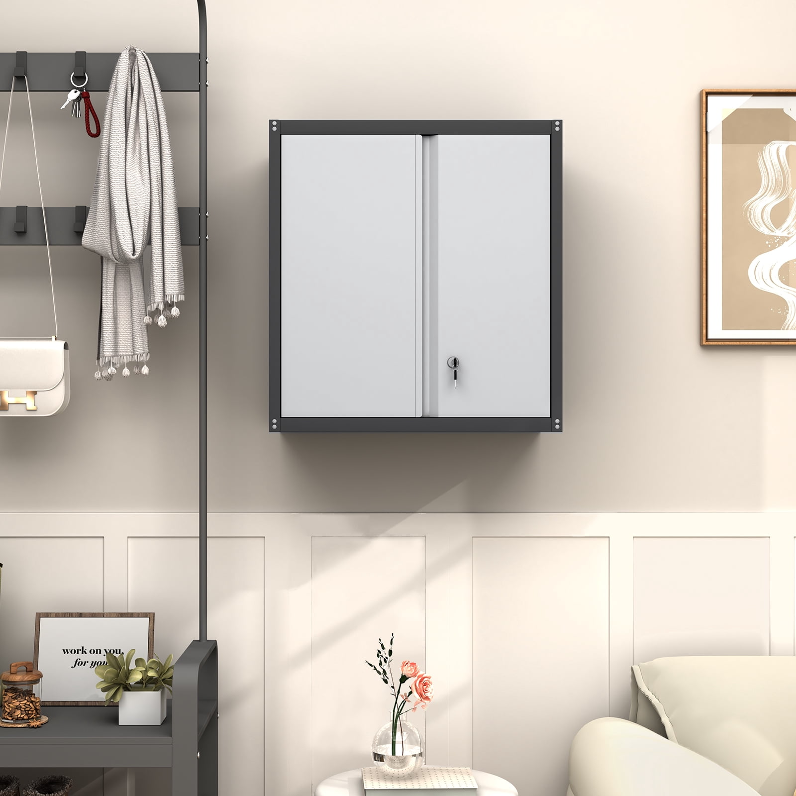 Marcree Metal Garage Wall Cabinet, 28" Wall Mount Storage Cabinets with Locking Doors and Shelf, Metal Small Storage Cabinets for Garage, Laundry Room, Kitchen, Pantry