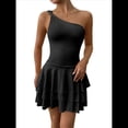 thumbnail image 2 of Vestido Mini de Corte A Sin Mangas con Volantes Escalonados, Fruncido y un Hombro para Mujer Negro S, 2 of 7