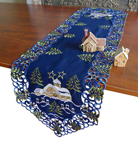 GRANDDECO Holiday Christmas Table Runner 13x54 Cutwork Embroidered Floral Christmas Blue Bells Dresser Scarf Table Topper for Home Dining Xmas Table Top Decoration