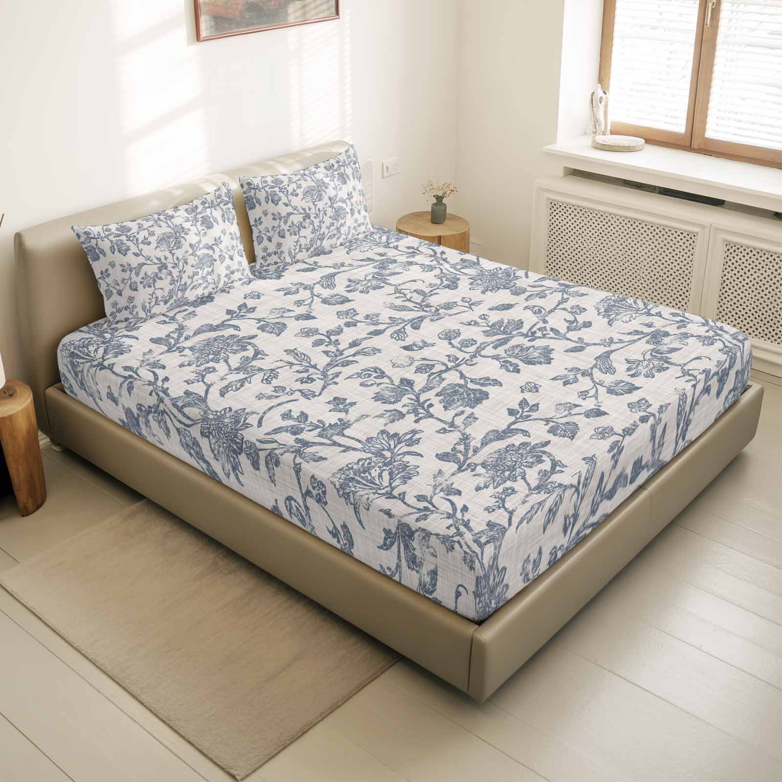 King Size Fitted Sheet Set - Farmhouse Blue Floral 3 Piece Bedding Sets 16" Deep Pocket Fitted Sheet with 2 Pillowcases, Vintage Botanical Leaves Burlap Brushed Microfiber Hotel Luxury Bed Sheets