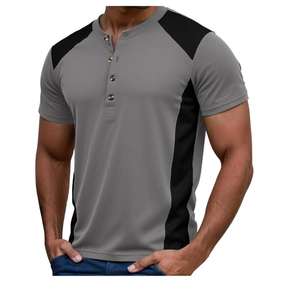 MIXUE Shirts For Men Summer Color Block Print Round Neck Button Down Short Sleeve Slim Fit Casual Pullover Tops T-shirts Streetwear,Gray,L