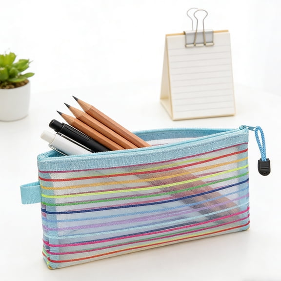 HOARBOEG 1Pcs Mesh Pencil Case with Colorful Stripe Rainbow Zipper - Transparent Supplies Organizer, Lightweight Pencil Bag for , Office & Travel, Portable Stationery Pouch
