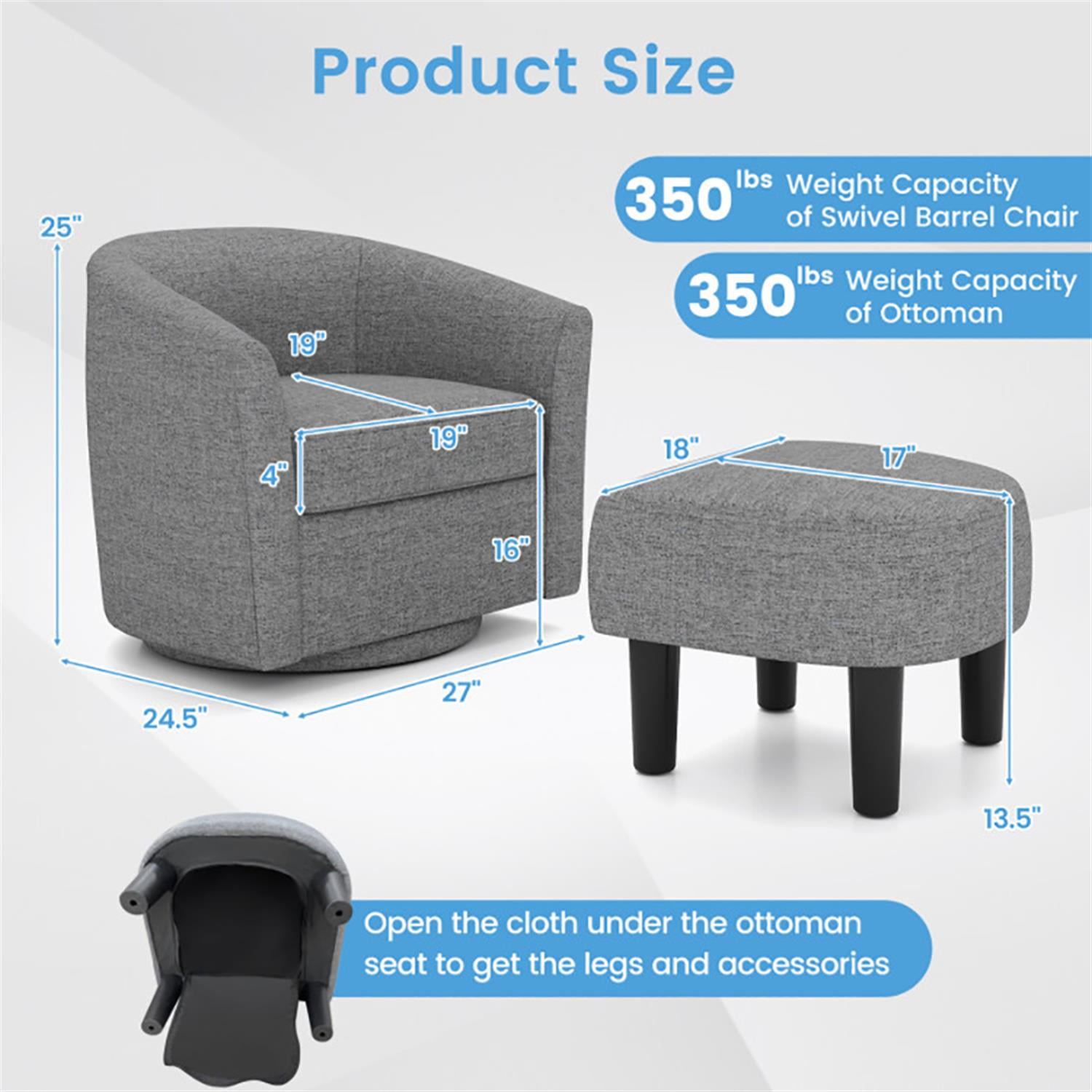 Demi Bonn Modern Club Swivel Accent Chair, Elegant Armchair with Ottoman Footrest Curved Backrest, Suitable for Living Room Bedroom Reception Room Office, Gray