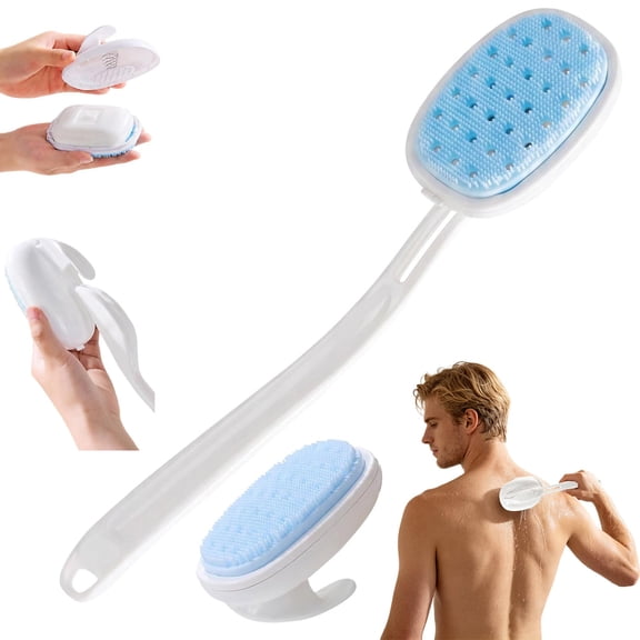 Silicone Back Scrubber with Built-in Soap Reservoir, Detachable Curved Long Handle Brush with Non-Slip Grip, Deep Cleansing Exfoliating Quick Drying for Hard-to-Reach Back