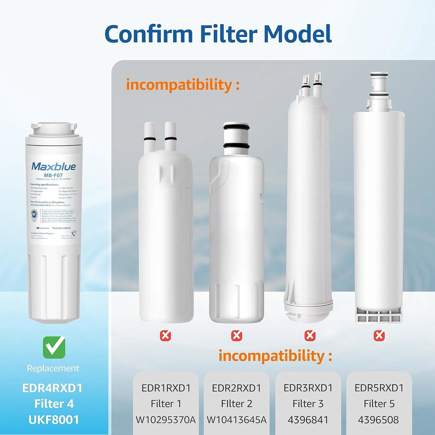 Maxblue UKF8001 Refrigerator Water Filter, Replacement for Maytag UKF8001, EDR4RXD1, EveryDrop® Filter 4, Whirlpool® 4396395, UKF8001AXX-200, Kenmore 469006, 469992, Puriclean II, Pack of 3