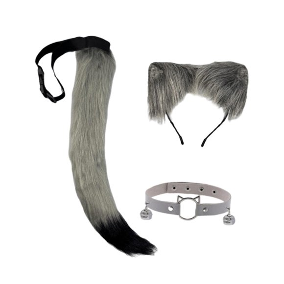 Set de 3 piezas: orejas y cola de gato, diadema con orejas para fiestas, actuaciones, cumpleaños. Gris Negro
