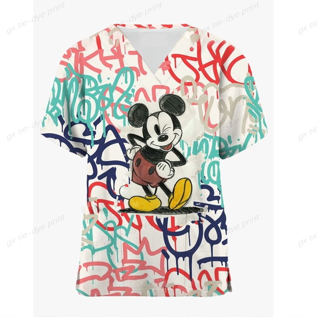 Disney Mickey Mouse cartoon print spa uniform beauty salon pet shop uniform fashion slim top scrub women's lab coatM Gao Jinjia LED