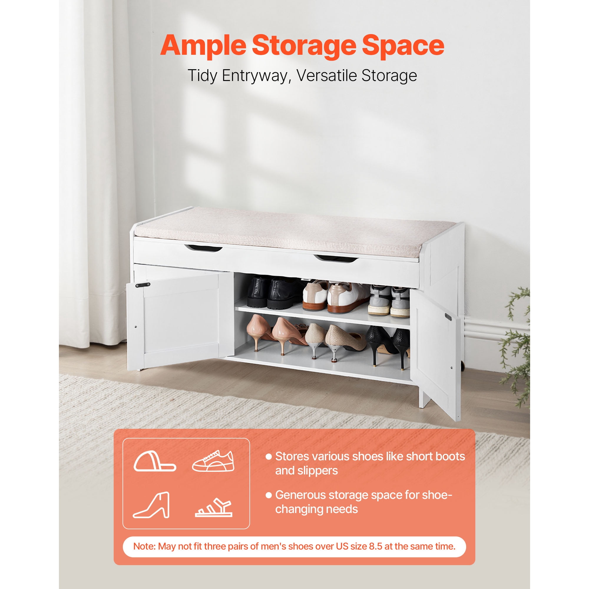 KFFKFF Entryway Bench with Lift-Top Storage, 41.3 x 13.8 x 19.8 Inch Shoe Rack with Cushion, 250lbs Capacity, 3 Cabinets and Adjustable Shelf, for Bedroom or Hallway, White and Black