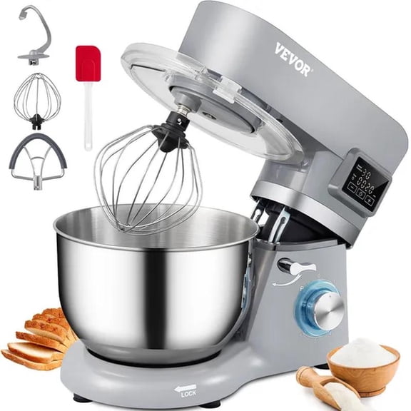 Stand Mixer, Electric Dough Mixer with LCD Screen Timing, Tilt-Head Food Mixer with Stainless Steel Bowl, Dough Hook, Flat Beater, Whisk, Scraper, Splash-Proof Cover - Gray