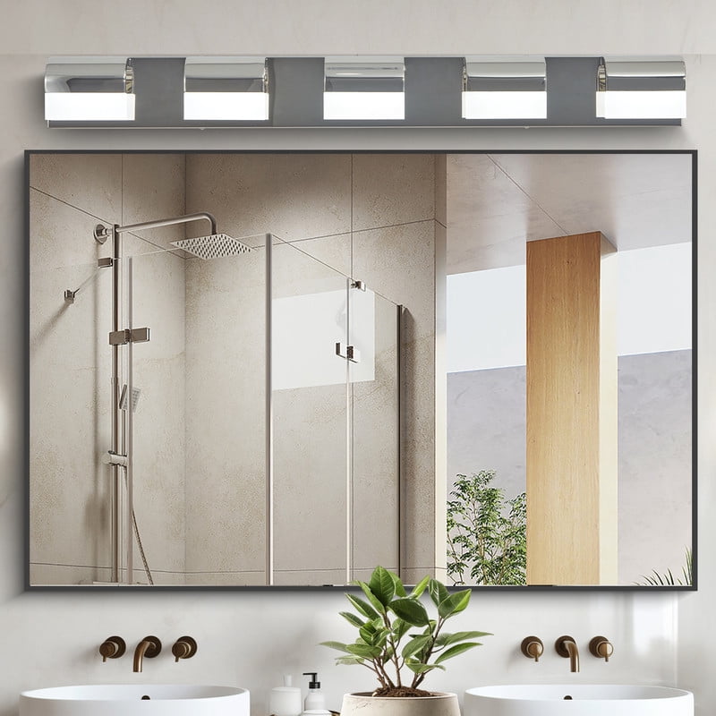34" Modern 5-Light LED Bathroom Vanity Light, Chrome Bathroom Light Fixtures Over Mirror with Acrylic Shades, Dimmable Hardwired Vanity Lights for Bathroom, Powder Room, or Dressing Area