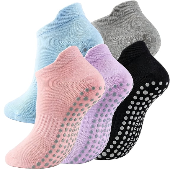 OQRKI 5 Pairs Pilates Socks with Grips for Women Non Slip Grip Yoga Crew Socks for Barre Hospital Barefoot Non Slip Grippy Socks Woman
