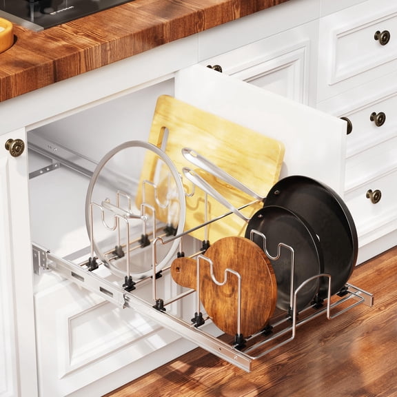 STORKING Adjustable Pull-Out Pots and Pans Organizer, 12"W x 22"D Full-Extension Rail, Chrome Plated with 9 Dividers for Under Cabinet