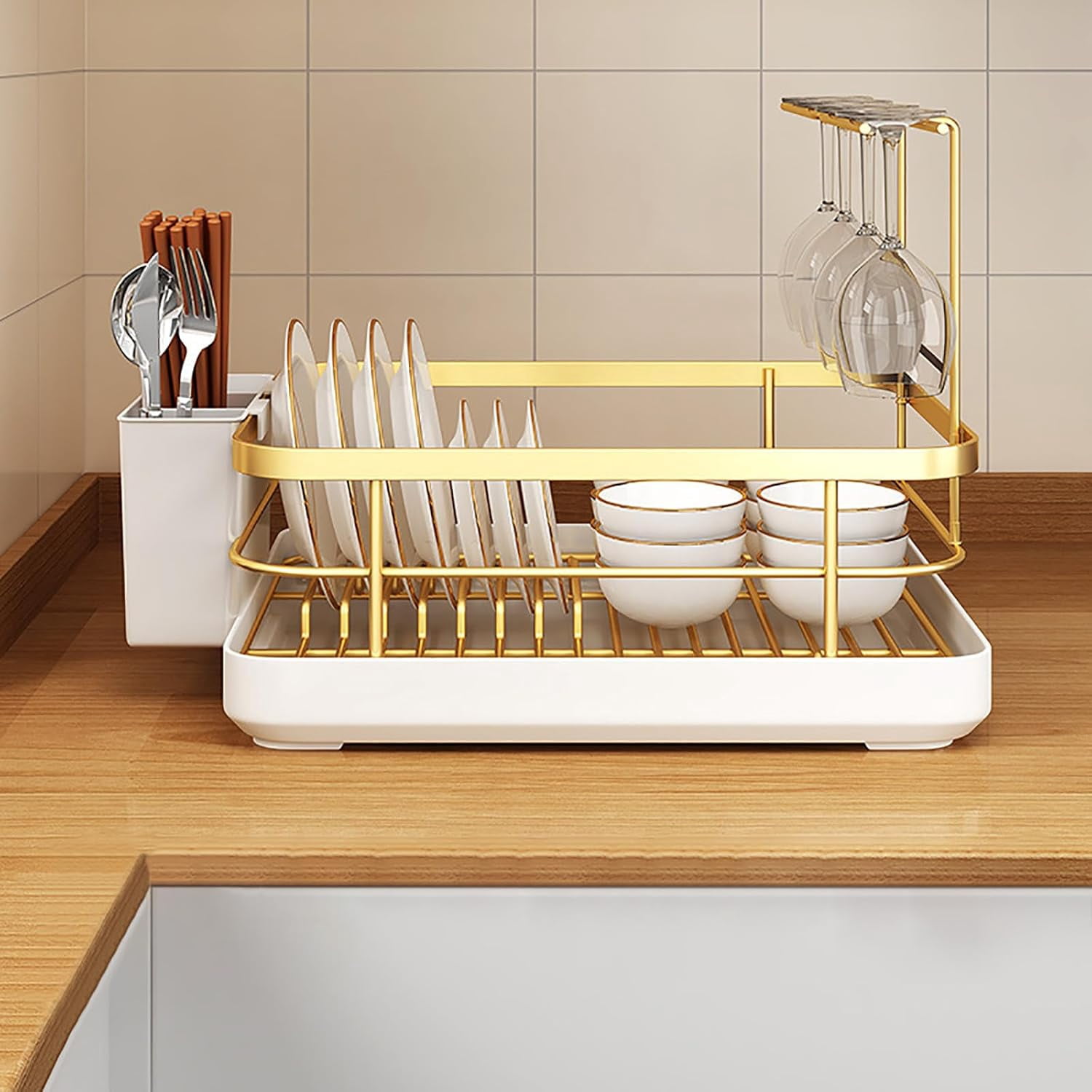Gold Dish Drying Rack for Kitchen Counter, Stainless Steel Removable Dish Drainer with Cutlery Holder & Drip Tray, Large Capacity for Plates Glasses Utensils Chopsticks Spoons Forks(DSF)