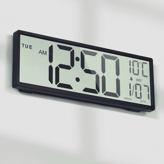 LEIKE 15" Digital Wall Clock Battery Operated Large Display with Date and Day of Week, Large Number with Temperature, Auto DST, Alarm, Snooze, 12/24H for Desk Office