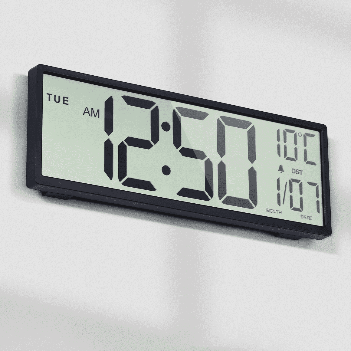 LEIKE 15 Digital Wall Clock Battery Operated Large Display with Date and Day of Week, Large Number with Temperature, Auto DST, Alarm, Snooze, 12/24H for Desk Office
