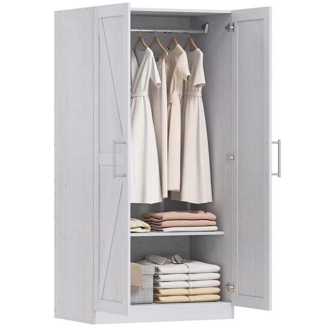 Armoire Garde-Robe Style Ferme avec Portes de Grange - Armoire Penderie Effet Bois Blanc 32 Pouces pour Rangement et Organisation de Chambre - Tringle Incluse