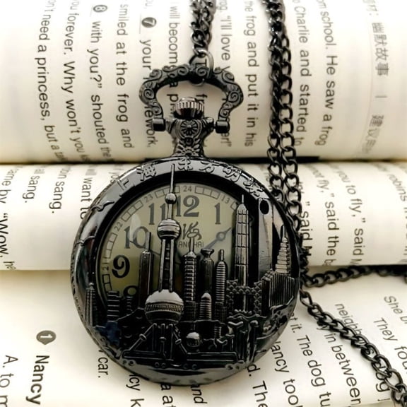 Shanghai Oriental Pearl Pocket Watch Vintage Flip Open Quartz Pendant Clock Scenic Souvenir Gift for Men Women Collectible
