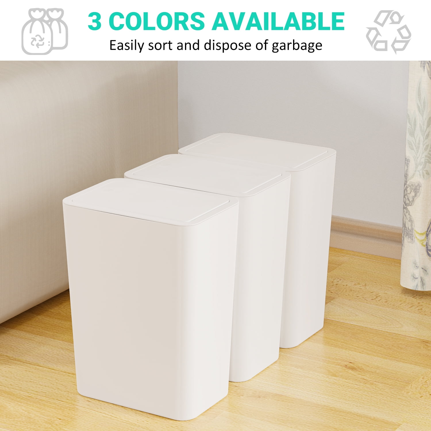 TINANA Small Trash Can with Lid, 3 Pack 10L Plastic Trash Bin, 2.6 Gallon Slim Garbage Bin Wastebasket with Pop-Up Lid for Bathroom, Bedroom, Office, Kitchen, Craft Room-White