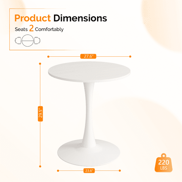 Round Tulip Dining Table, 27.6 Inch Circular Kitchen Table for 2 People, Melamine Laminated MDF Tabletop with Metal Pedestal Base, Easy Assembly Breakfast Table for Dining Room, Apartment, White