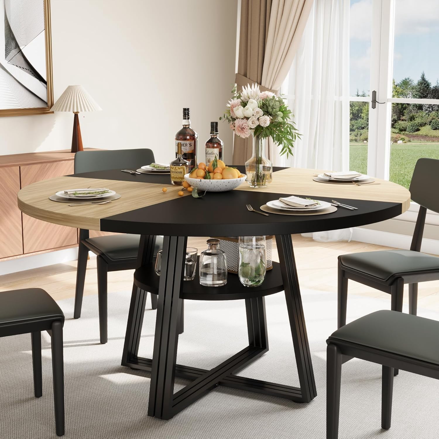 JoanKaren 47.2" Farmhouse Round Dining Table,Circle Dining Table for Kitchen Dining Room,Storage and Metal Square Legs,Black Oak