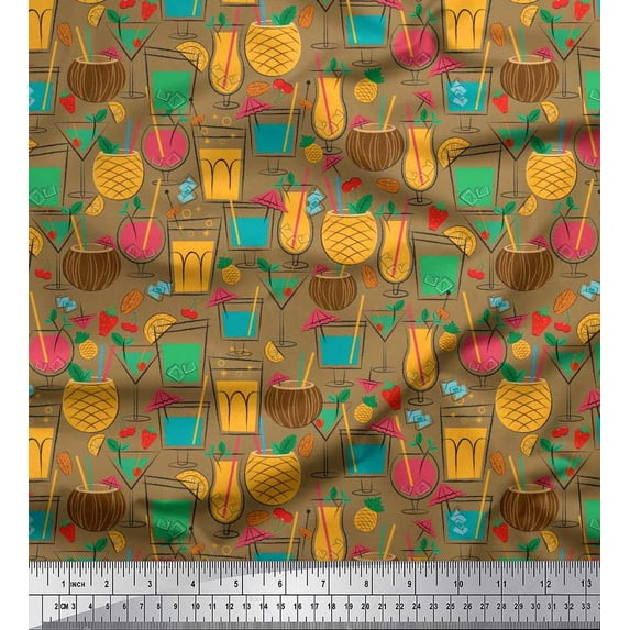 Soimoi Rayon Fabric Straw,Glass & Coconut Drink Summer Designs Print Fabric by the Yard 56 Inch Wide