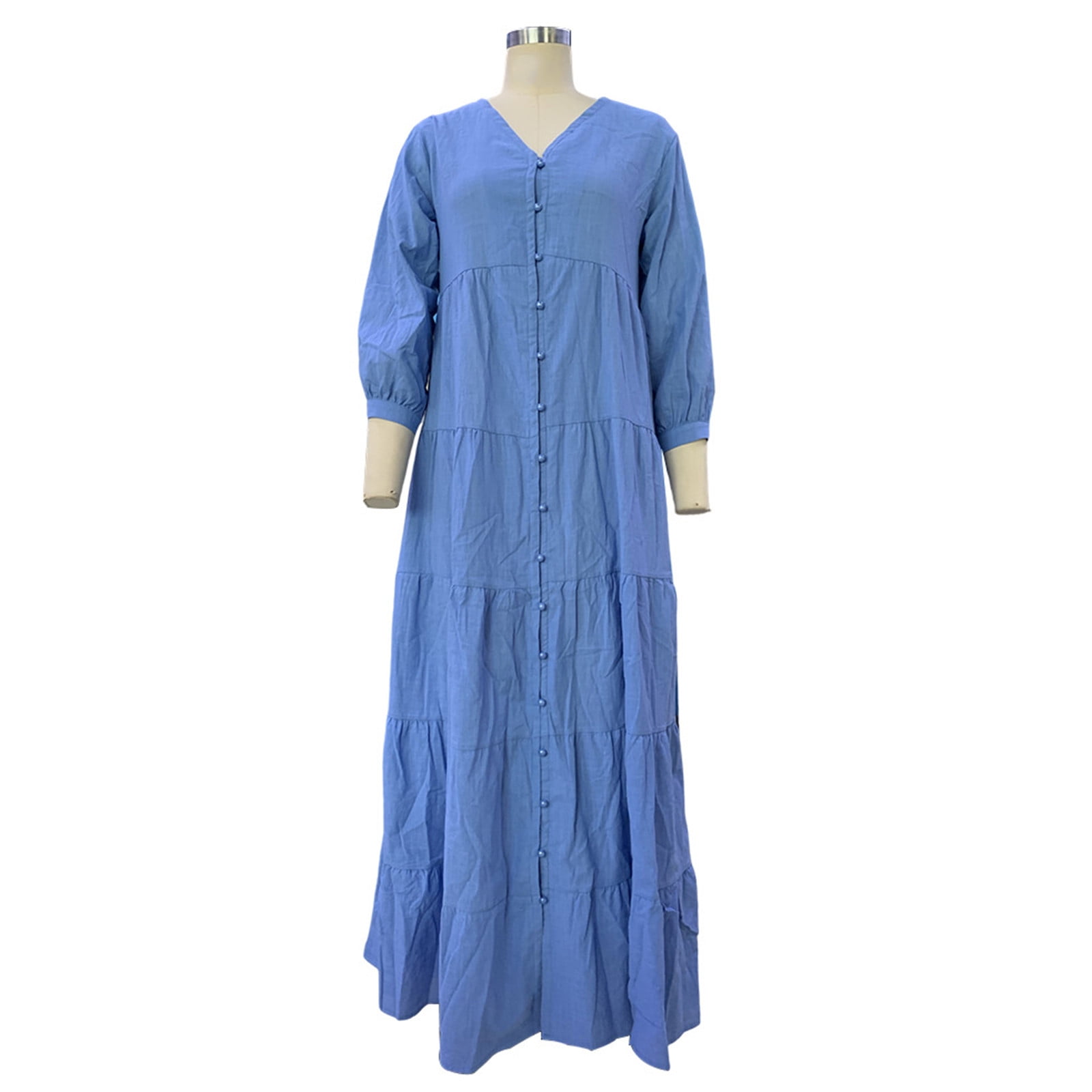 BiZtdJrK Women's Cotton Linen Dress Button Down Long Sleeve V Neck Boho Dresses Casual Pleated Layered Beach Long Dress, Blue, L