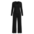 thumbnail image 6 of Women's 2 Piece Casual Knit Set V Necklinen Full Buttom Down Top Wide Leg Pants Casual Suits for Fall Black M, 6 of 6