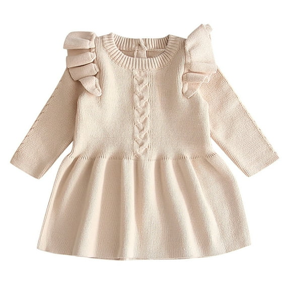 Ulitacool Fall Dresses For Toddler Girls 2-3 Years Baby Kids Solid Color Warm Sweater Dress Knit Crochet Clothes Crewneck Dress Lovely Clothes Beige