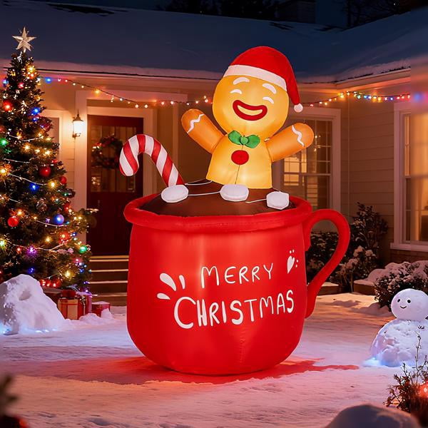 Alvantor 5.9 ft Lighted Gingerbread Man Christmas Inflatable in Hot Cocoa Cup, 3 Warm White LEDs, Outdoor Yard Decor