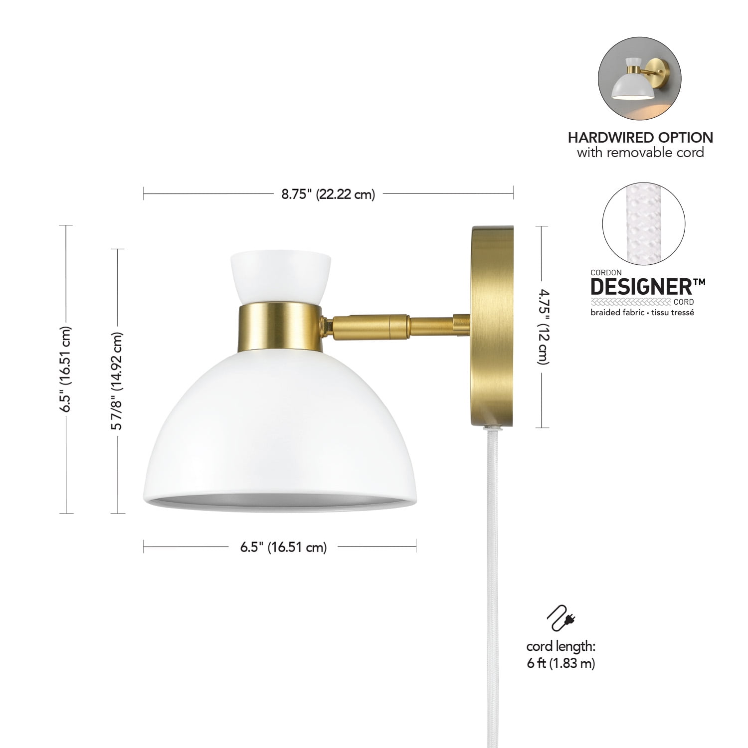 Globe Electric 1-Light Matte Brass Plug-in or Hardwire Indoor Wall Sconce with White Pivoting Shade