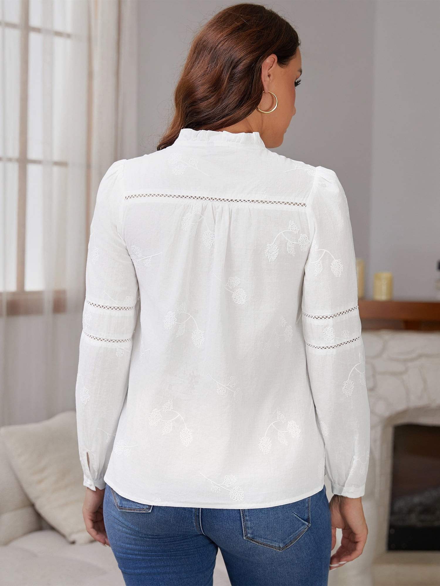 DARING DIVA Women's Maternity Cotton Button Down Long Sleeve Jacquard Blouse S White