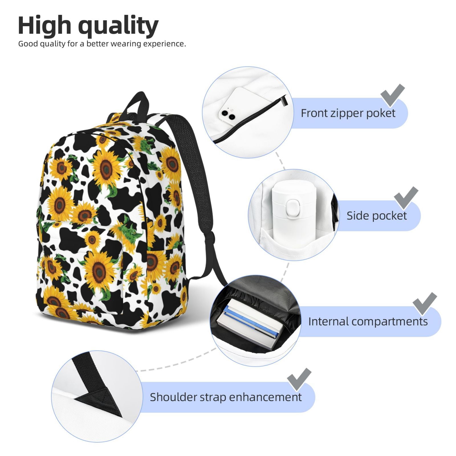 Rateoe Cute Cow Print Sunflower D Pattern Canvas College Laptop Backpack,Travel Daypack,Durable Rucksack Travel Notebook Bag School Backpack Book Bag for Men Women-Small