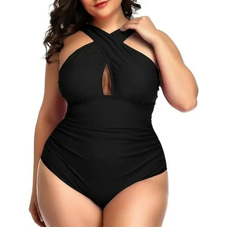 2024 Summer Women Plus Size One Piece Swimsuits Front Cross Tummy Control Black Sexy Swimwear Backless Bathing Suit (Black  XL)