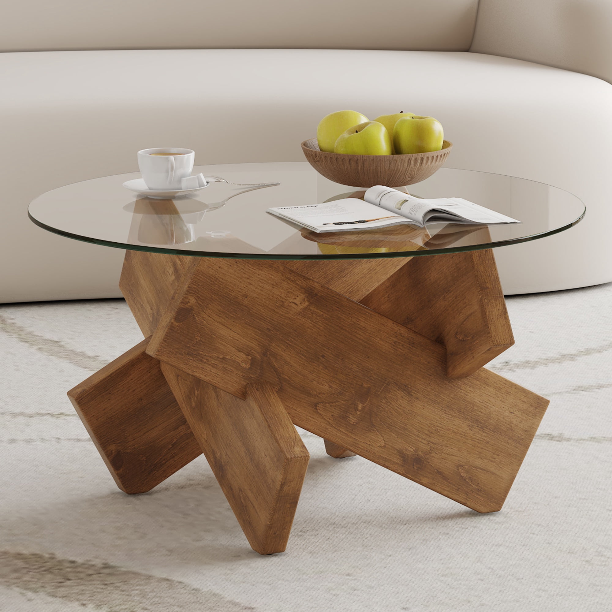PORKISS Coffee Table, Glass Round Coffee Table for Living Room with Wood Legs, 33.4" Farmhouse Tea Table for Apartments, Reception Rooms, Center Table, Brown