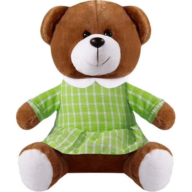 PELUCHERIA - Ositos de Peluche con Vestidos a Cuadros, 25 cm, Marrón, Gris, Azul y Beige