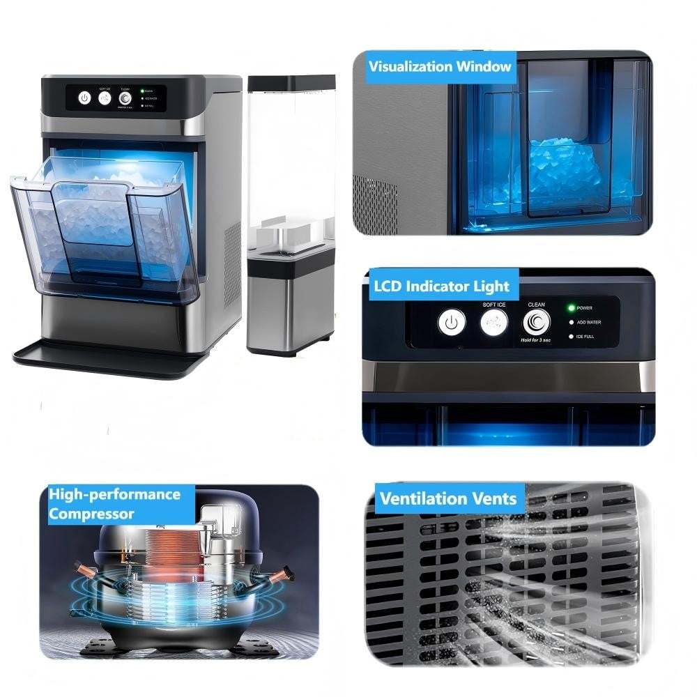 SHZOND Nugget Ice Maker Countertop with Self-Cleaning, 48lbs/24Hrs, 6-Min Quick Ice, Chewable & Crunchy Pellet Ice, 4.3L Dual-Tank for Home Kitchen Bar Countertop