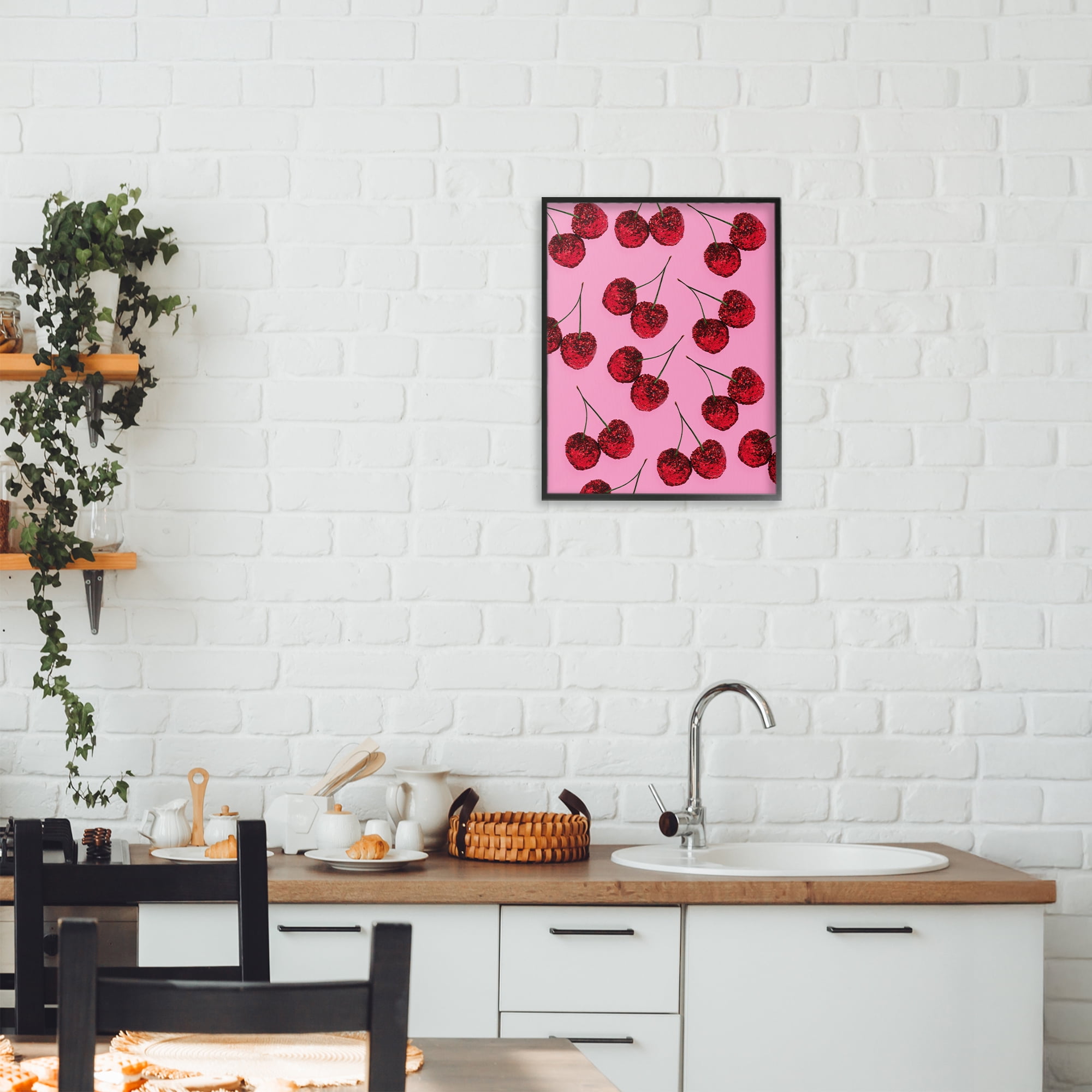 Stupell Industries Glitter Glam Cherries Pattern Black Framed Giclee Art, design by LISH Creative