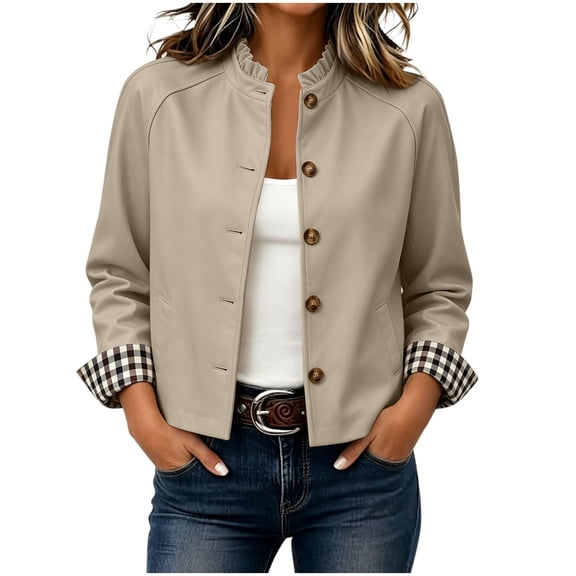 Byworldtasic Womens Short Trench Coat Ruffle Stand Collar Single Breasted Cropped Jackets Casual Outerwear